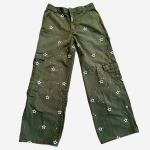 FOREVER21 ~ Olive Cargo Pants w/White Embroidered Stars & Artistic Bleach Spots